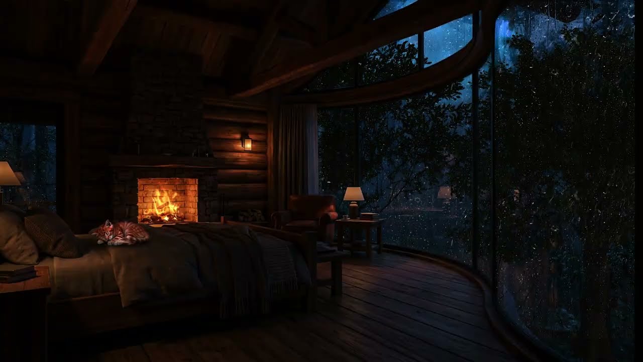 Cinematic Tiny House in Rain Forest | Fireplace & Thunderstorm for Focus & Study [ASMR]