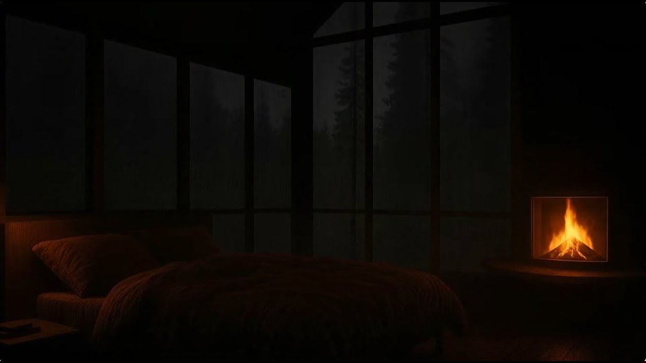 Cabin Ambience with Rain and Fireplace Harmony - Rainy Night for Relaxation and Concentration