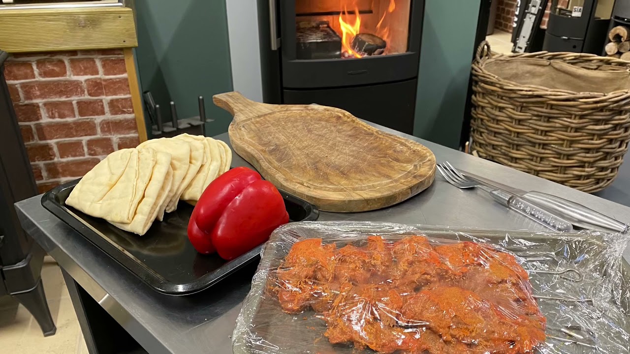Tandoori chicken kebabs - cooked inside a wood burning stove - using Hellfire Grill set