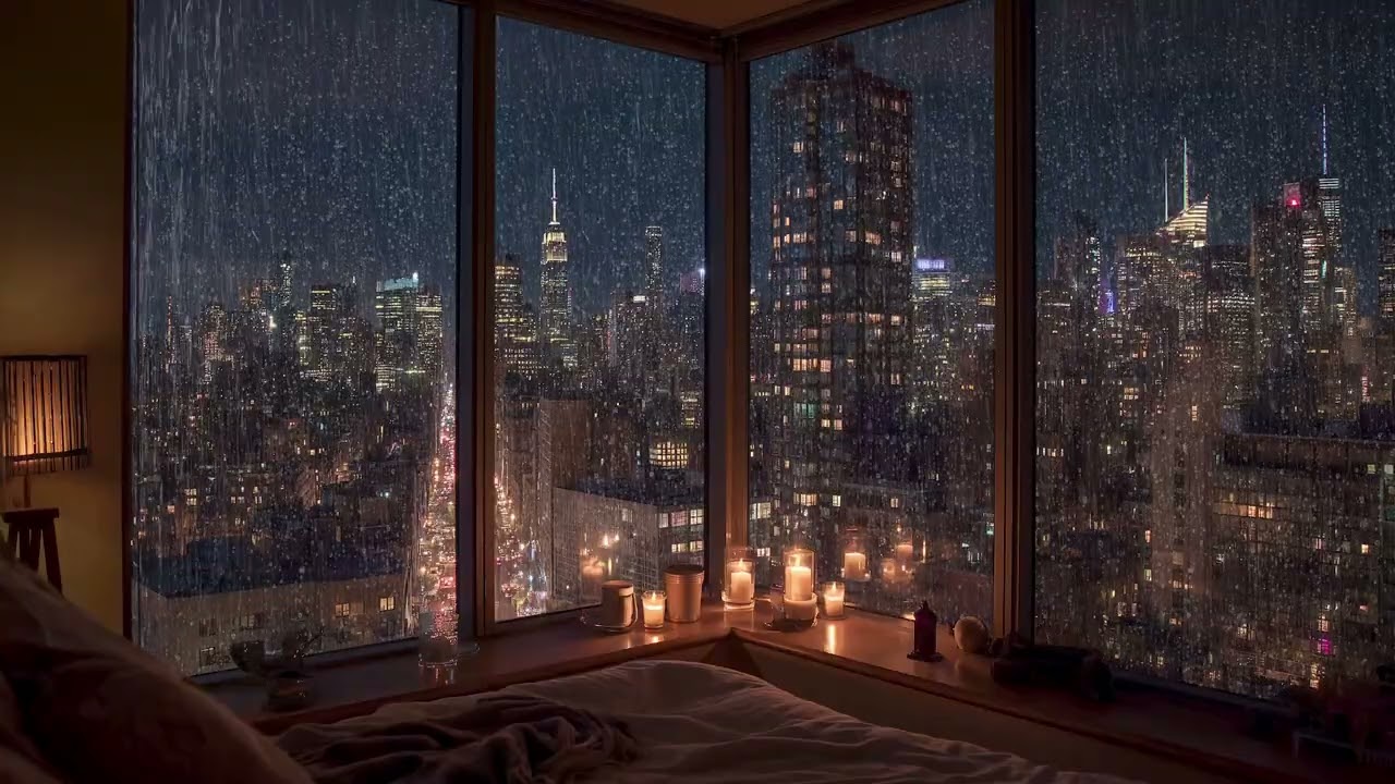 NYC Apartment | Rain on Window Sounds For Sleeping | Bedroom Ambience