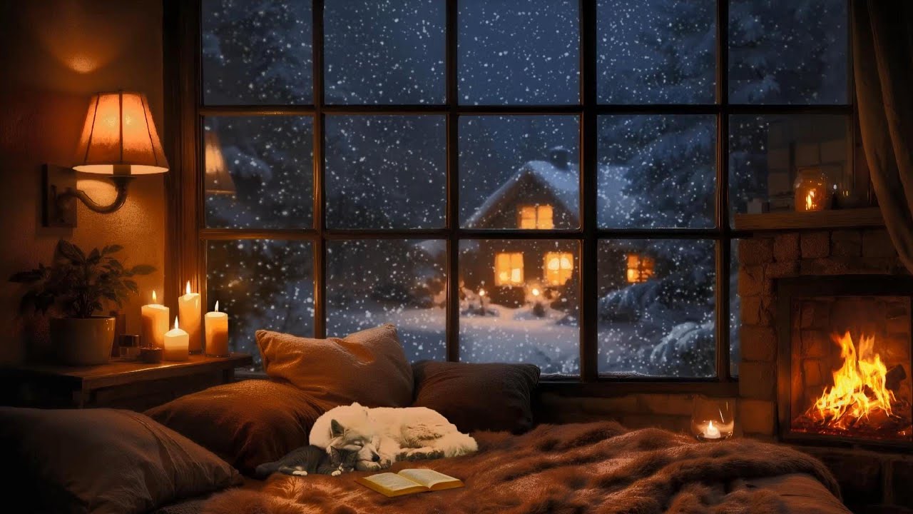Soothing Piano Sleep Ambience 🔥❄️ Cozy Warm Fireplace & Snow Falling Outside | Deep Healing Sleep