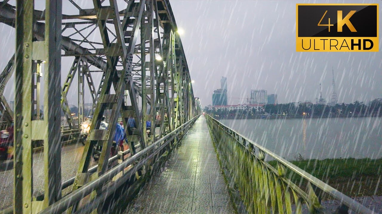 [4K] Walking In The Rain on Truong Tien Iron Bridge, Hue City, Vietnam