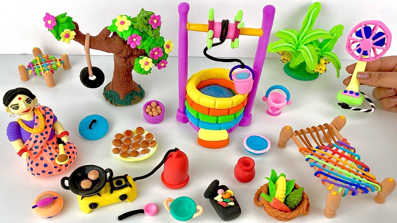 DIY How to make polymer clay miniature Water well, Kitchen set, Doll, Tree, Charpai | Dolliyon