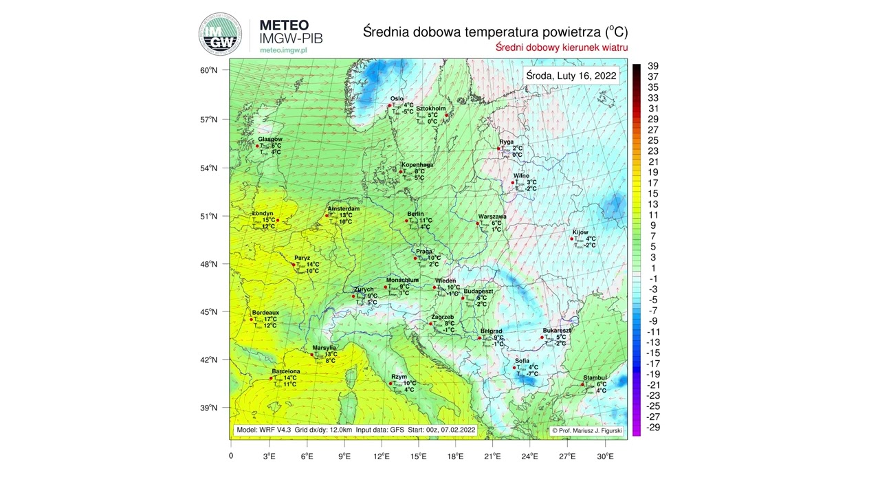 IMGW-PIB: Prognoza WRF-GFS Medium (max./śr./min. temp. na 2 m w &deg;C) od 8.02 do 22.02.2022 w Europie