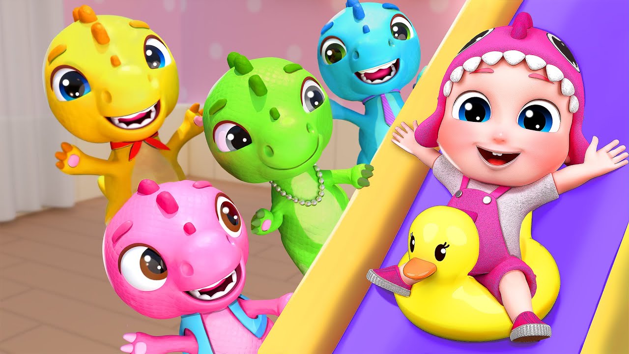 Cinco Dinossauros e a Aventura no Escorregador!  + MAIS | Bubbleee Canções Infantis