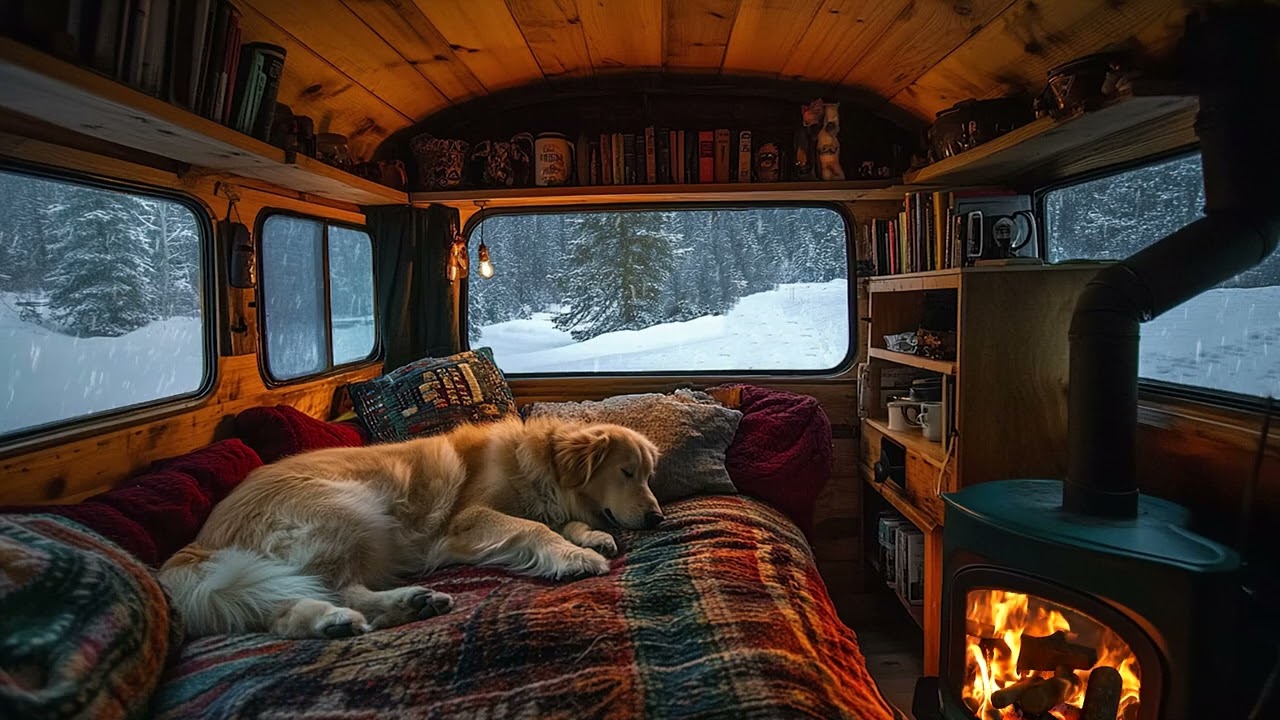 I sleep more soundly here… A cozy winter night in the van with a fireplace, cats, and dogs