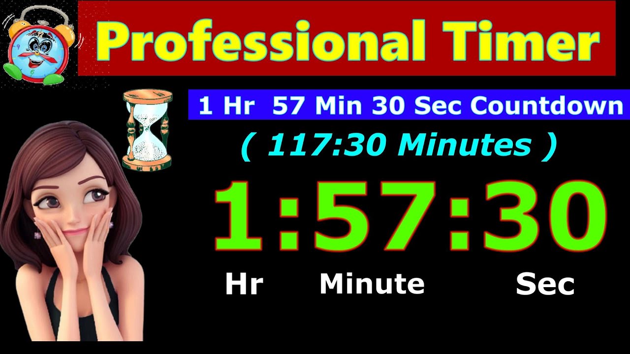 117:30 Minutes Countdown [Reverse Time] 1 Hr,  57 Min & 30 Sec | Digital Clock | Alarm | Stopwatch