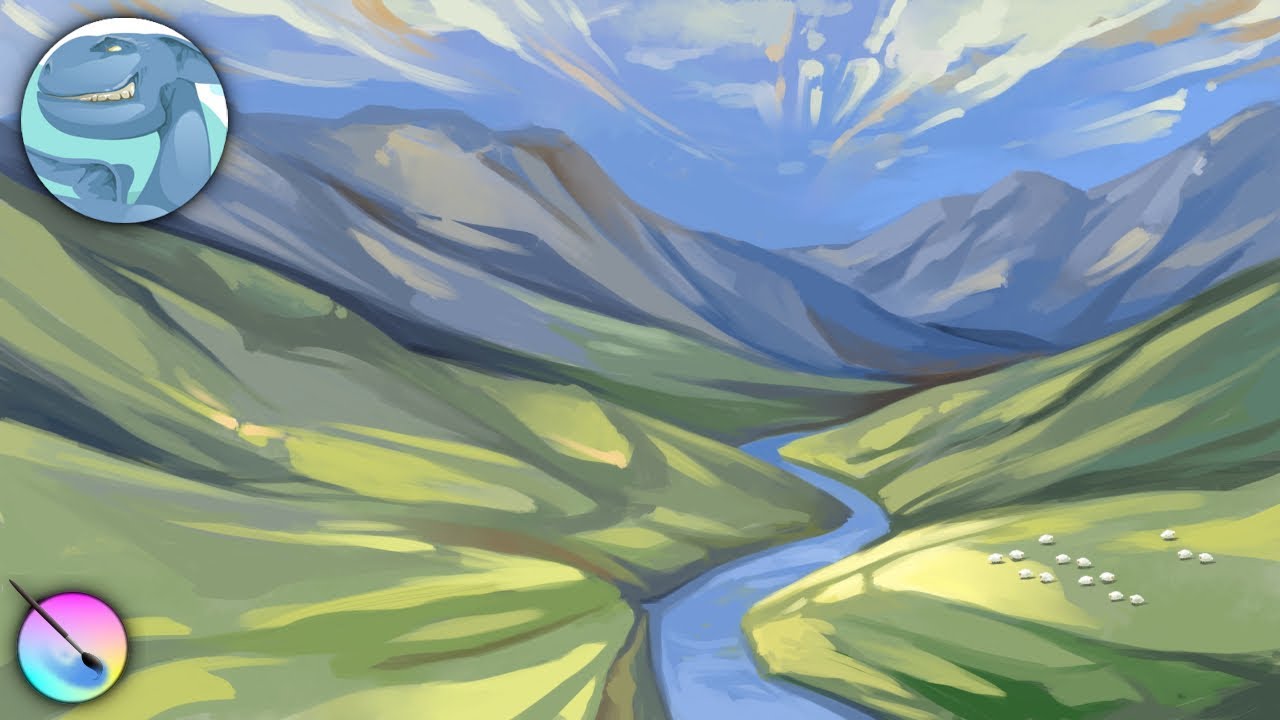 Landscape with mountains. Speed art in Krita.