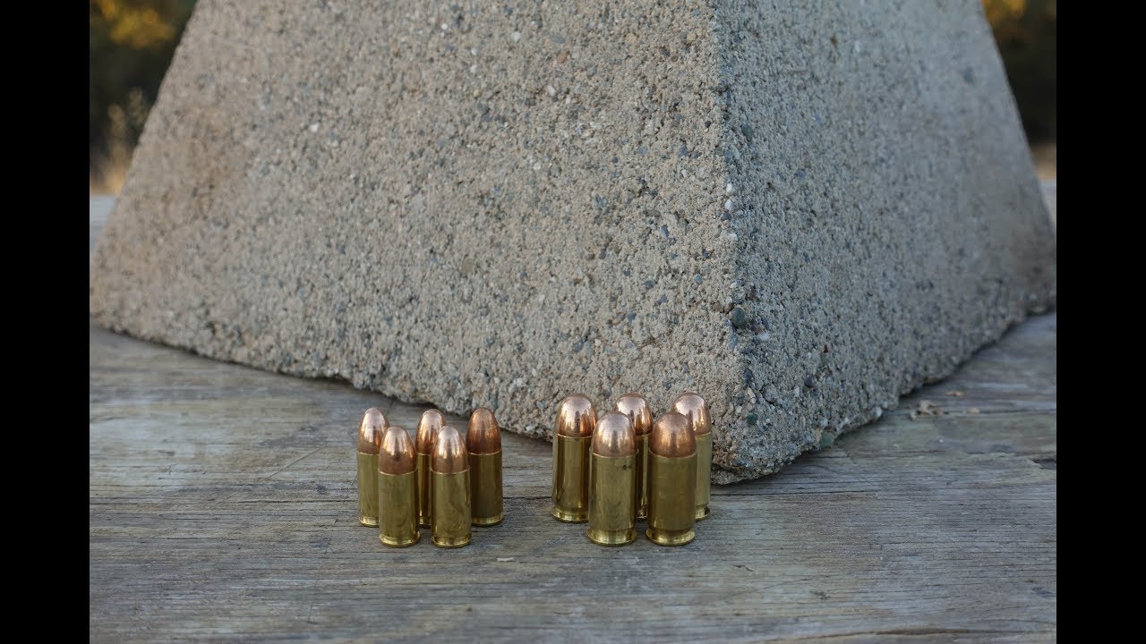 9mm vs 45 ACP concrete block test