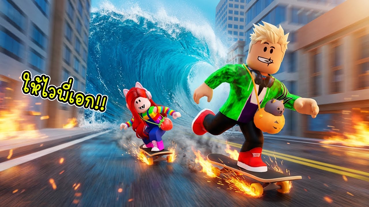 พี่เอก & พี่ฝน ไถสเก็ตบอร์ดหนีสึนามิ! ใครจะรอด? 🌊🔥🛹 (Roblox Escape Tsunami)