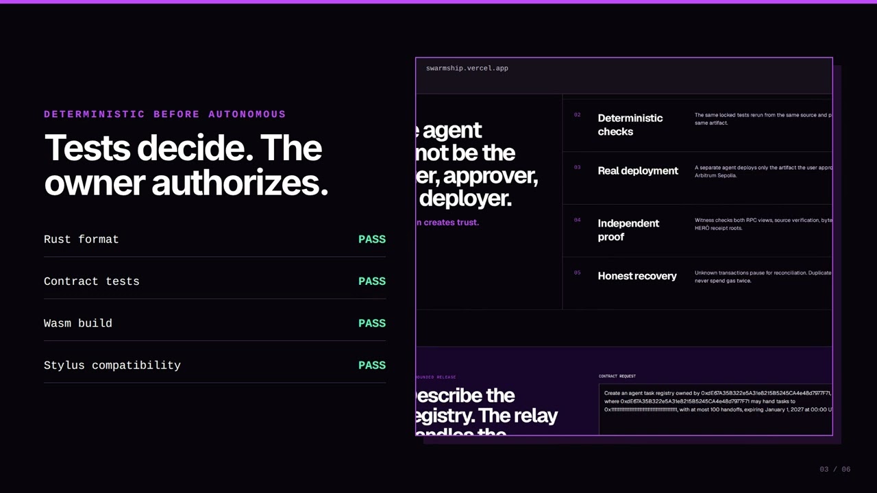 SwarmShip: Multi-agent smart contract releases you can prove.