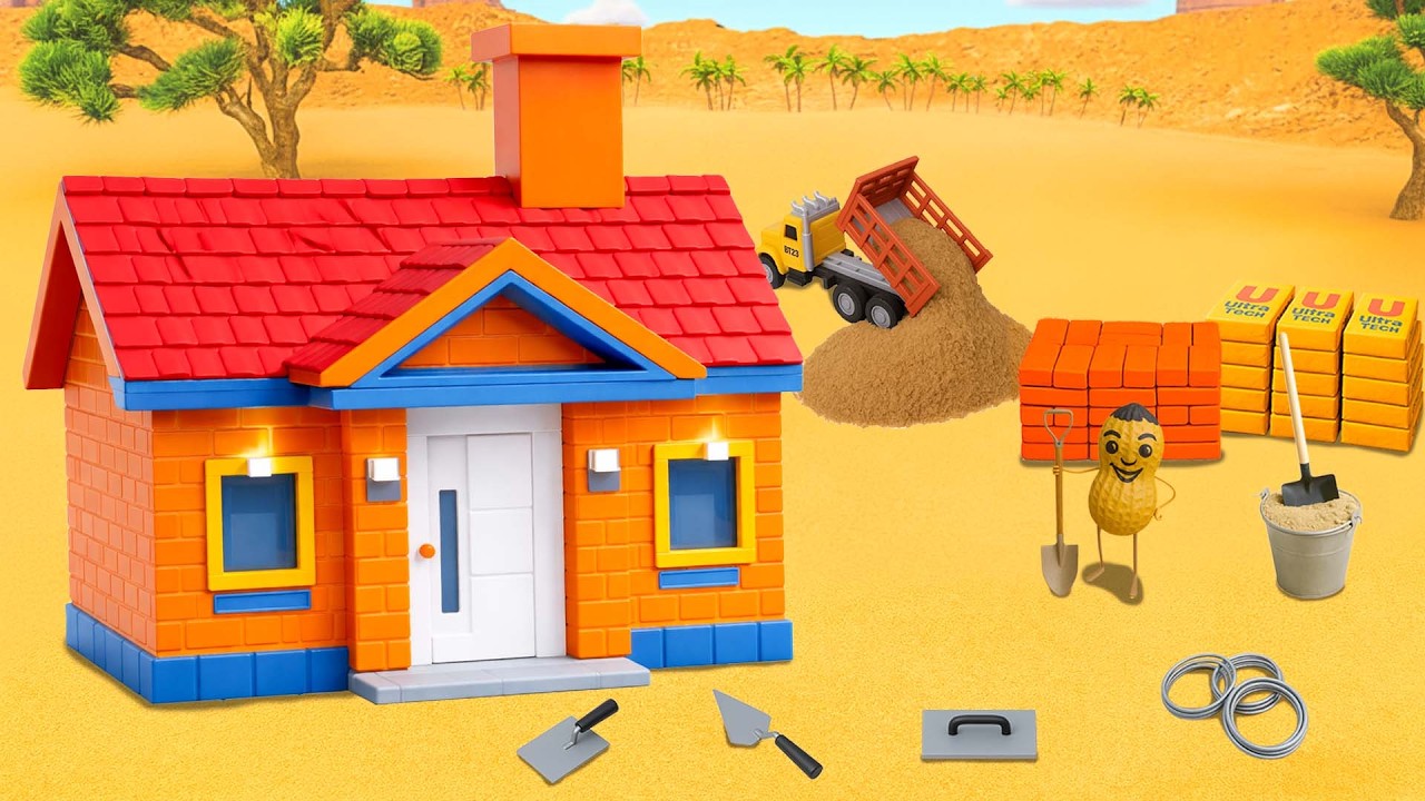 DIY Mini Tractor Builds a Small Colorful Brick House with Red Roof | Science Project