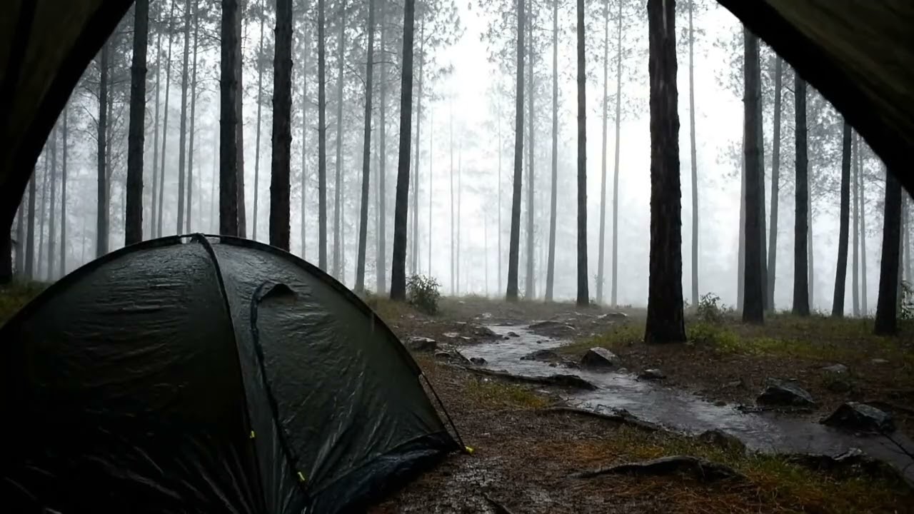 POV Camping in Heavy Rain 🌧️ Foggy Pine Forest ASMR | Sleep & Relax (1 Hour)