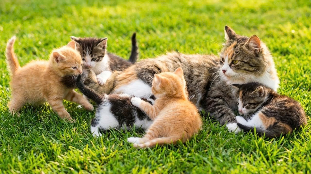 Adorable kittens play with their mother on the green grass - The kittens meow to call their mother