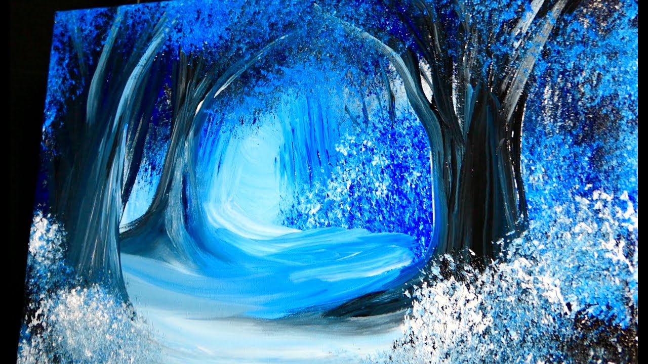 Blue Shadows Winter Landscape: Big Trees, Snow Path - Acrylic Painting Techniques Made Simple.