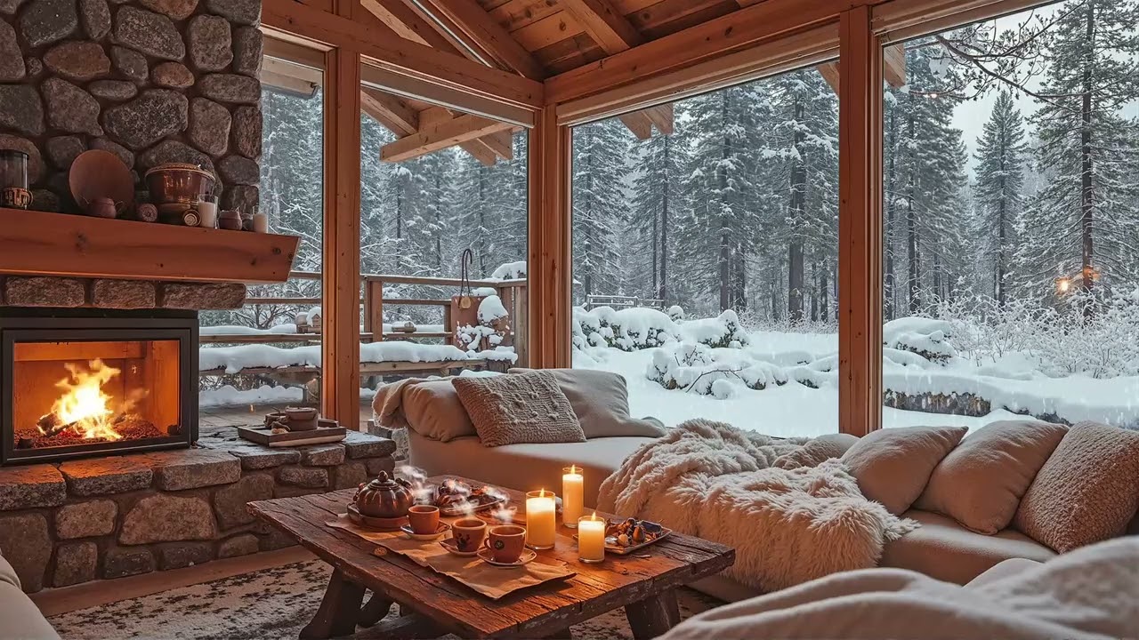 Warm Winter Cabin Jazz ✨ Snowy Fireplace Atmosphere | Chill Smooth Jazz for Cozy Evenings