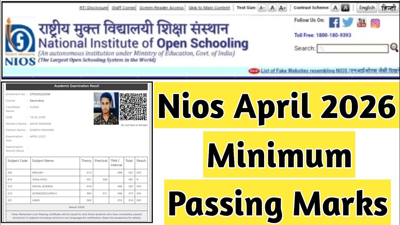 Nios April 2026 Minimum Passing Marks | Task Is Helping NIOS #nios #admission