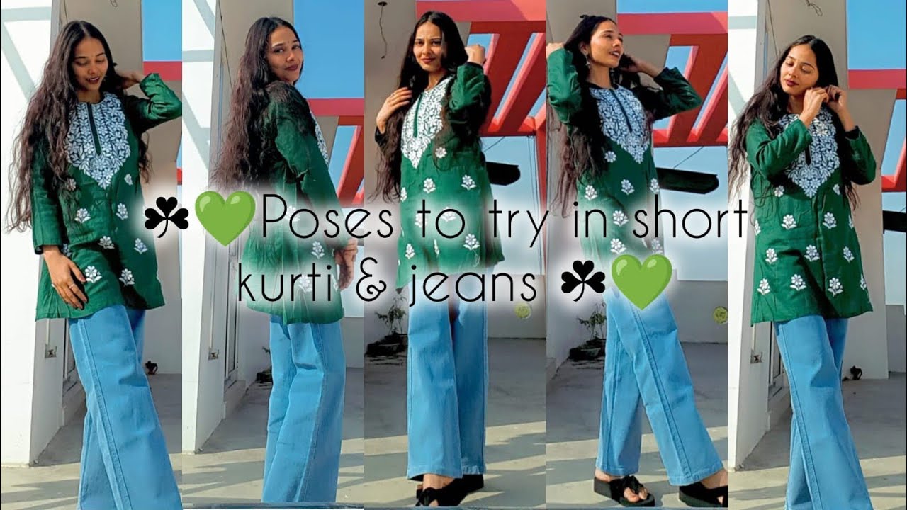 poses to try in short kurti & jeans 💚/ how to pose in kurti