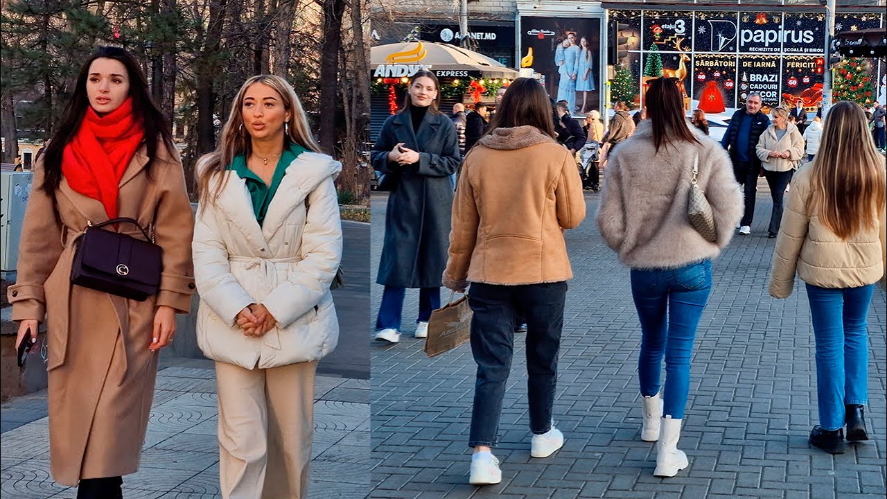 Walking Tour at Christmas, Beautiful Girls in Chisinau, Moldova 2025