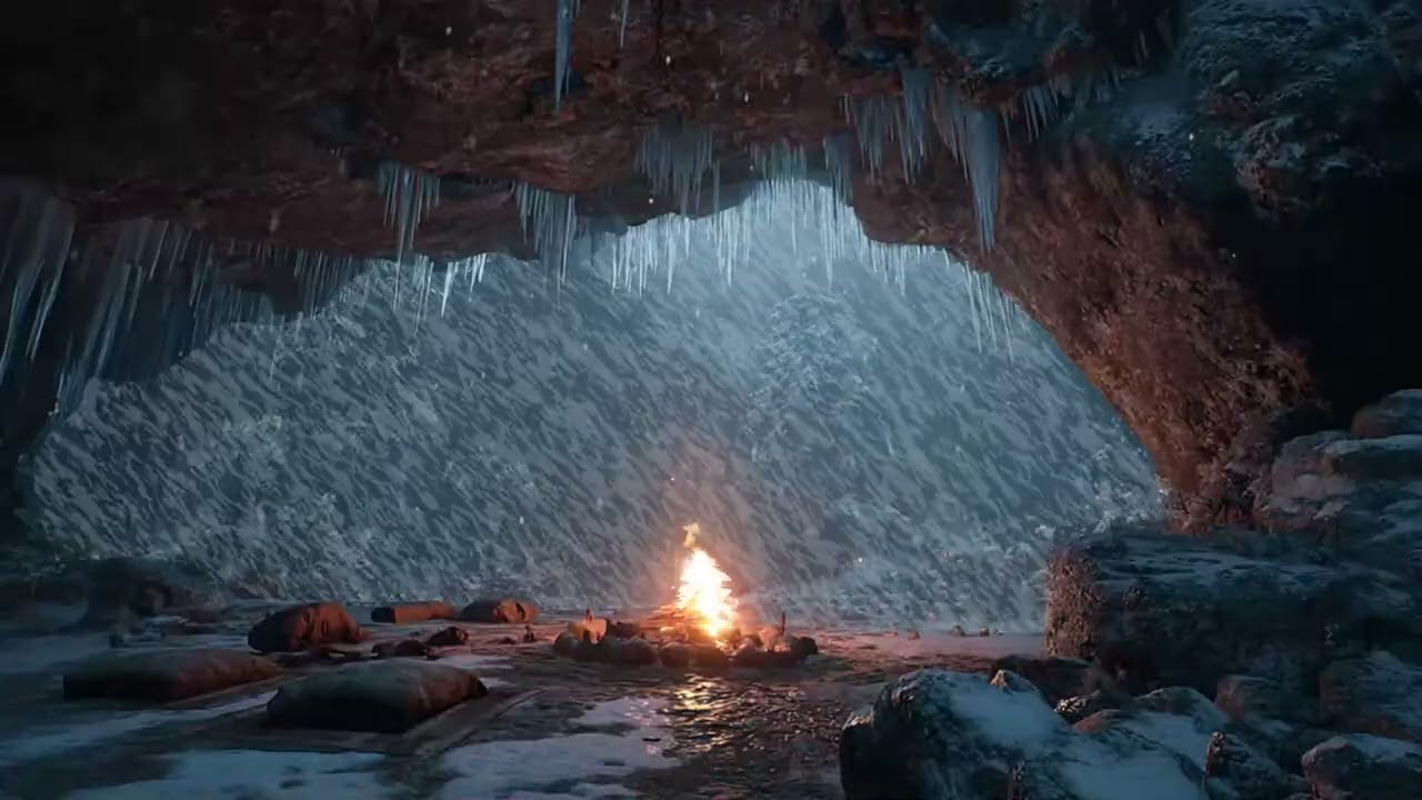 Soothing Cozy Winter Cave Ambience ❄️ | Fireplace Crackling & Blizzard Sounds for Sleep & Calm
