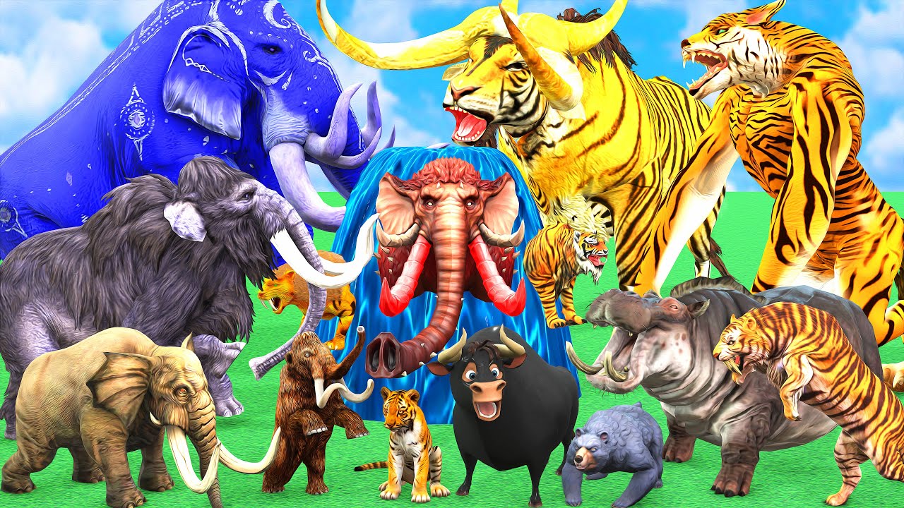 10 Giant Tiger Wolf vs 10 Mammoth Elephant Cow vs Dinosaur Fight Tiger Cub Saved by Woolly Mammoth