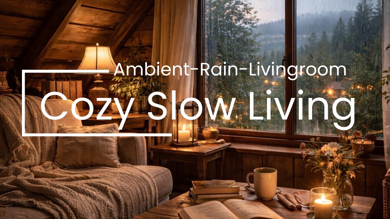 Cozy Cabin Ambience : Rain on Window Warm lights & Mountain view