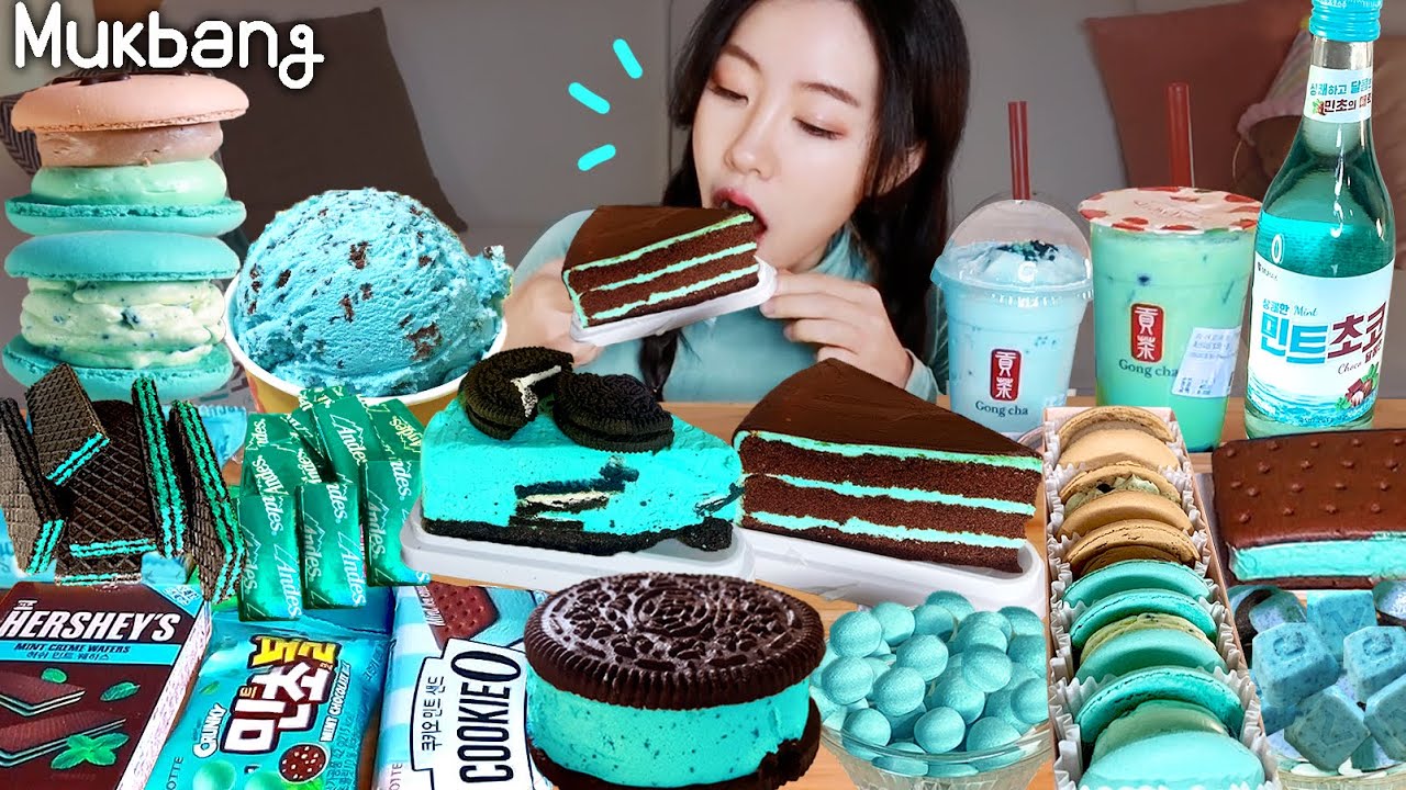 Удобный магазин мята шоколад mukbang:) Минт шоколад серии!cake&macaron!Gongcha! Мороженое ❤️
