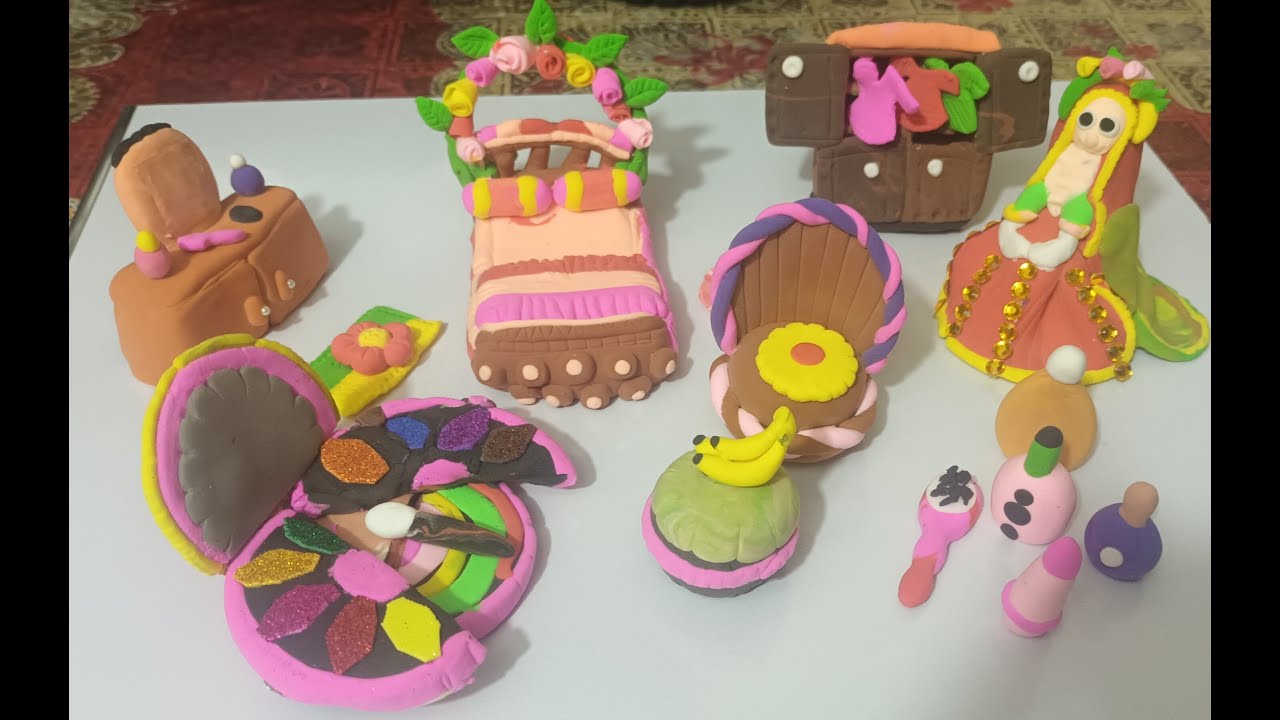 DIY How To Make Polymer Clay Miniature Furniture with Dressing Table, Bed, Sofa |Bridal make up set