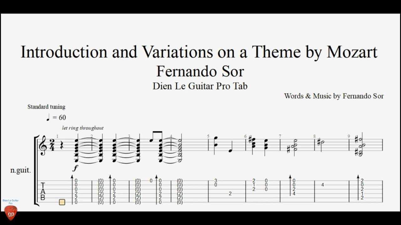 Fernando Sor - Introduction and Variations on a Theme by Mozart - Guitar Tutorial TABs