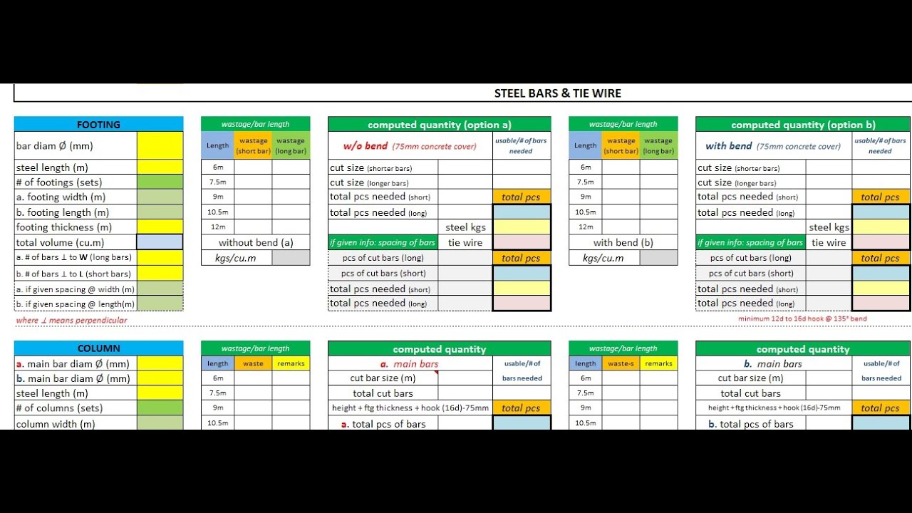 How to Estimate Steel/Rebars in Footing, Column and Beams (Excel Calculator) Free download