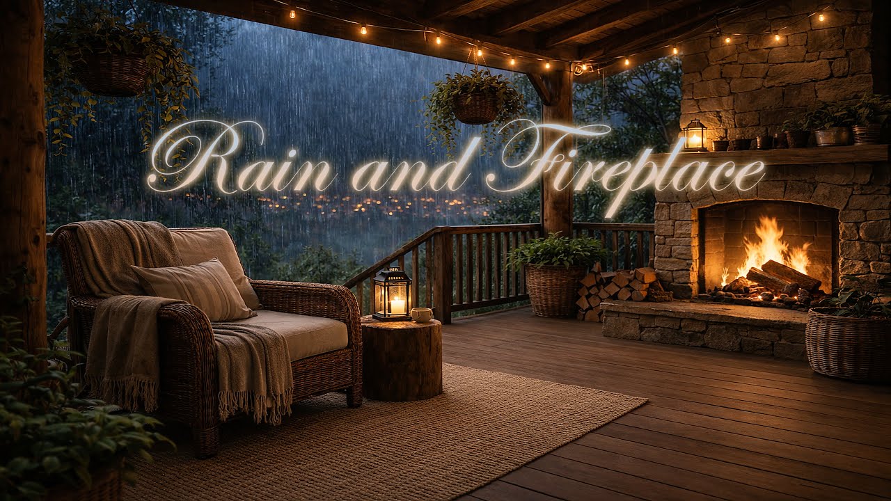 Gentle Rain & Fireplace Crackling Sounds – Cozy Covered Porch Ambience for Deep Sleep & Relaxation