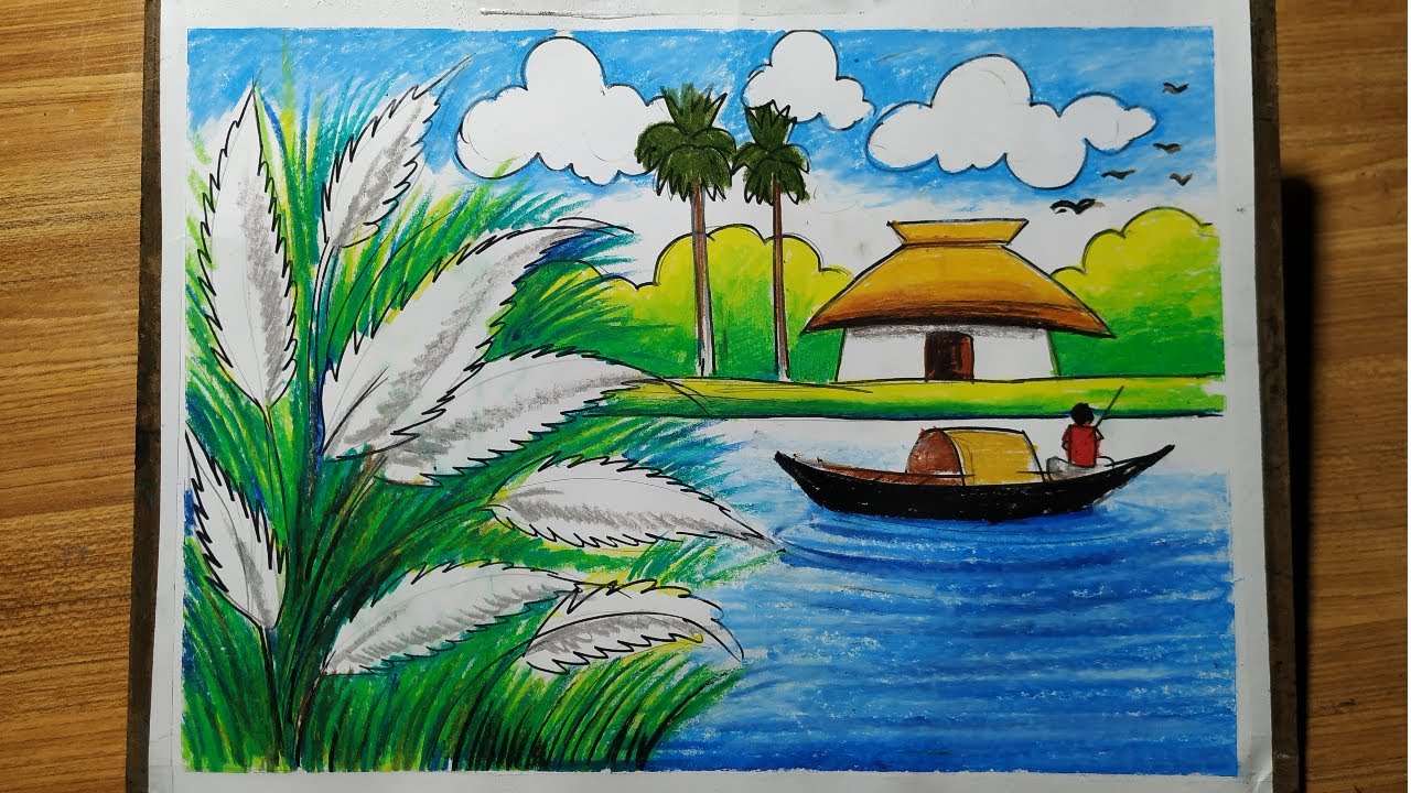 HOW TO DRAW SCENERY OF AUTUMN SEASON STEP BY STEP WITH OIL PASTEL COLOR,OIL PASTEL SCENERY DRAWING,