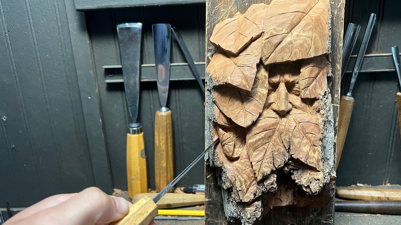 Carving a Greenman in Cottonwood Bark