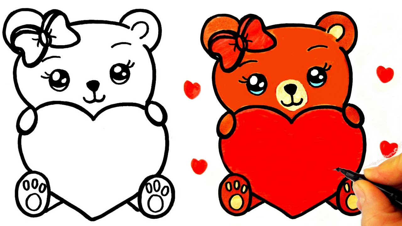 Милый рисунок плюшевого мишки, держащего сердечко 💖 Рисунки плюшевых мишек - Как нарисовать милог...