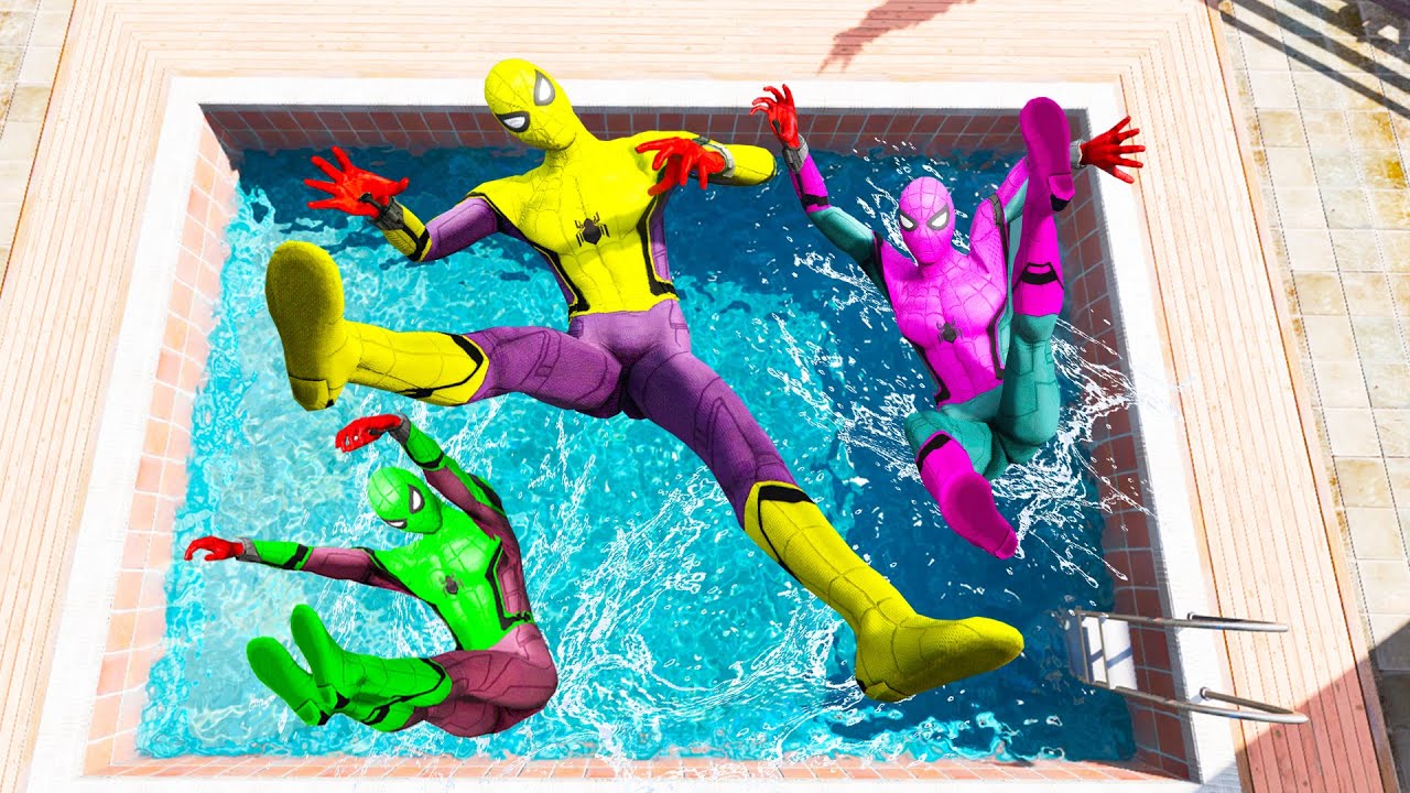 GTA 5 Rainbow Yellow Vs Pink & Green  Spiderman Jumping Into Pool (Euphoria Physics/Ragdolls) #1