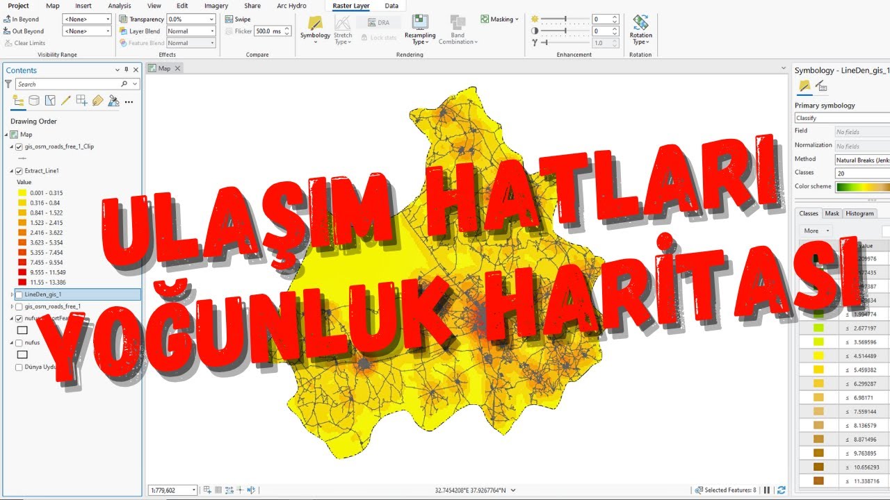 Çizgisel Yoğunluk / Yol Hatları Yoğunluk Haritası Oluşturma / Arcgis Pro