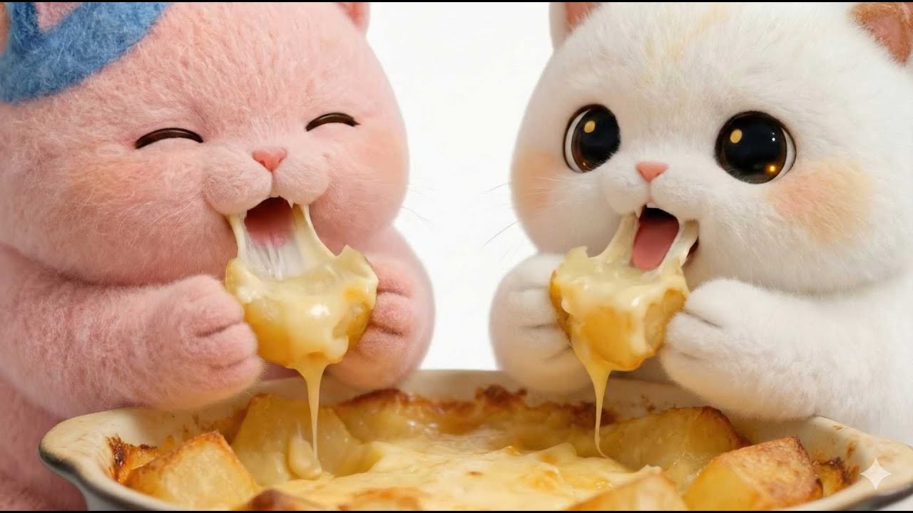 Watch Two Cute Kittens Made a Easy No-Fry Crispy Garlic Cheese Potatoes with Homemade Cheese Sauce