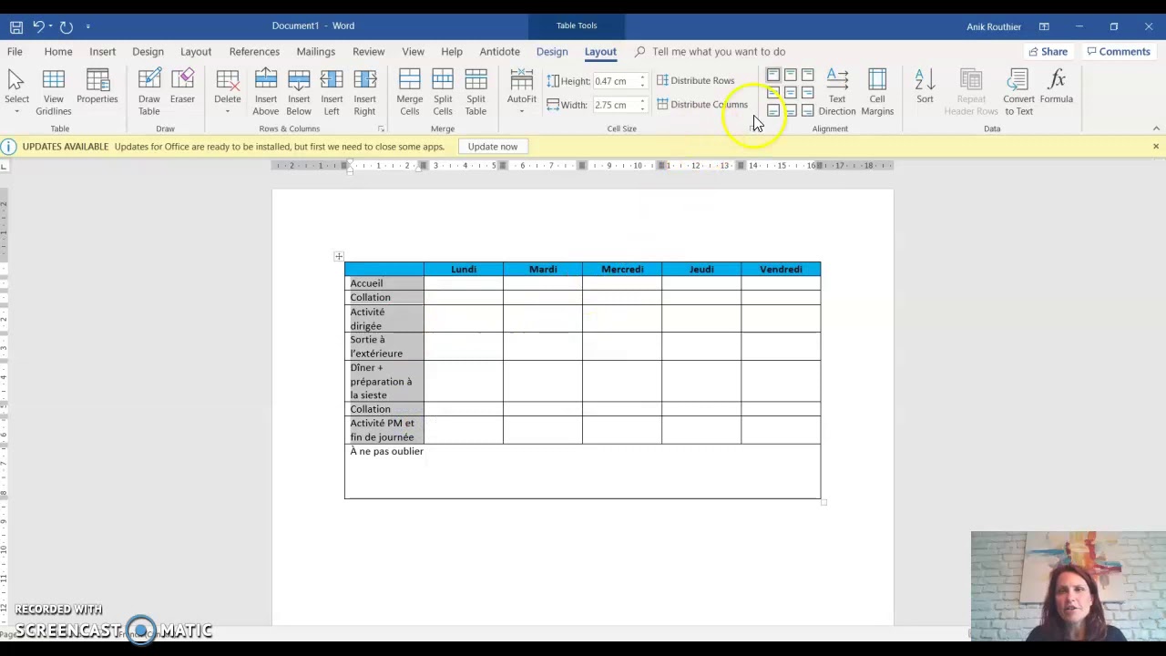 Créer un agenda sur Word