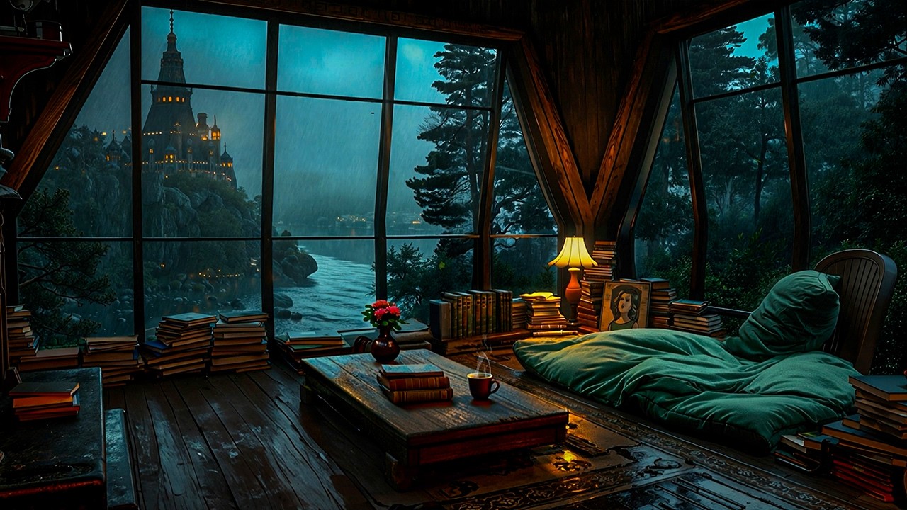 Studying in a Warm Library Room During Rainy Castle Night | Dark Academia Music for Writing & Focus
