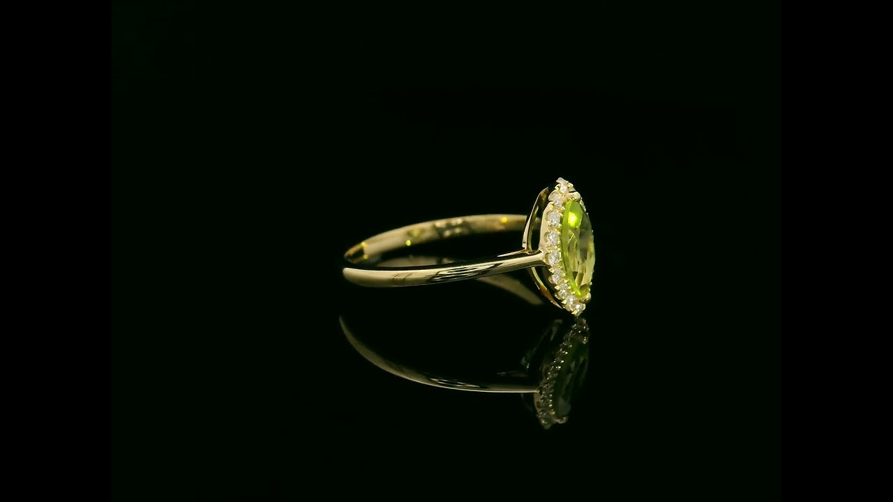18K Yellow Gold Marquise-Cut Peridot and Diamond Halo Ring