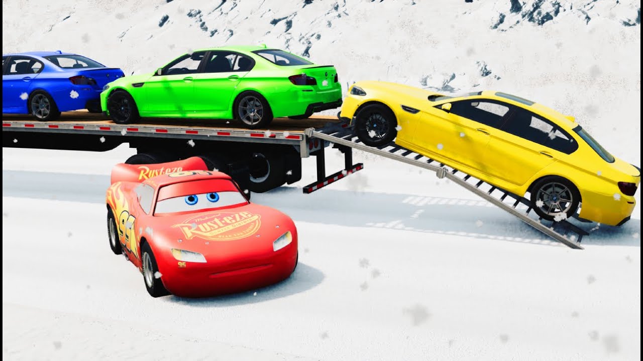 Flatbed Trailer Tractor Truck Rescue Cars vs Speed Bumps Lava - Cars vs Slide