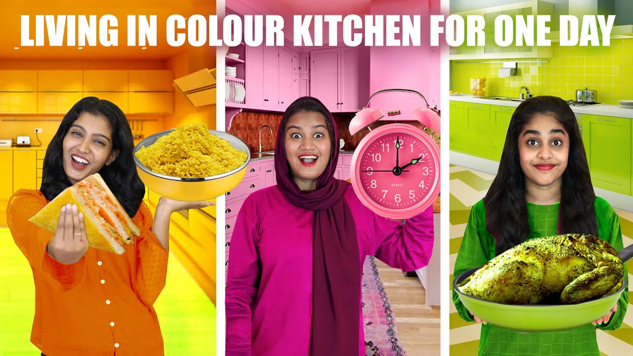 LIVING IN 3 COLOUR KITCHEN FOR 24 HOURS CHALLENGE 😂 | കളർഫുൾ അടുക്കളയിൽ ഒരു ദിവസം | PULLOTHI