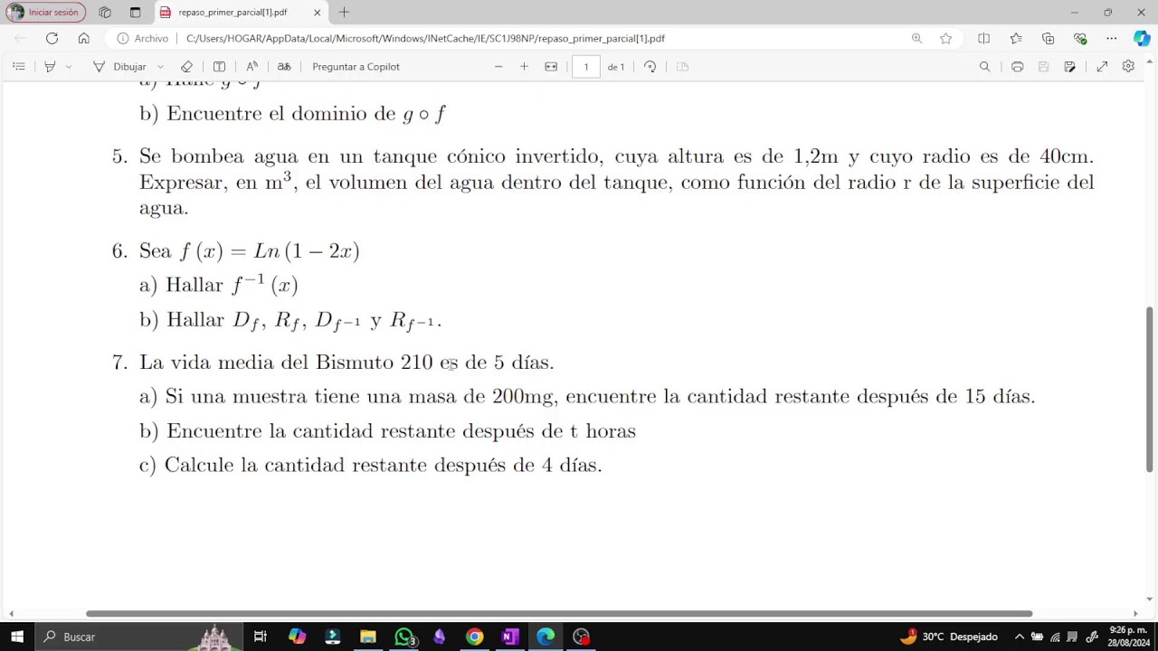 Ejercicios para practicar funciones. Examen 1 de cálculo