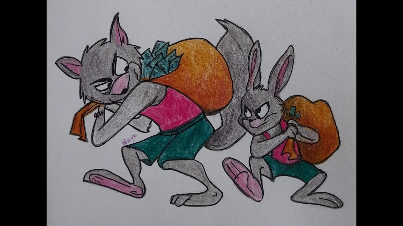 Mischievous fox and rabbit stealing money - Cartoon drawing using colour pencils