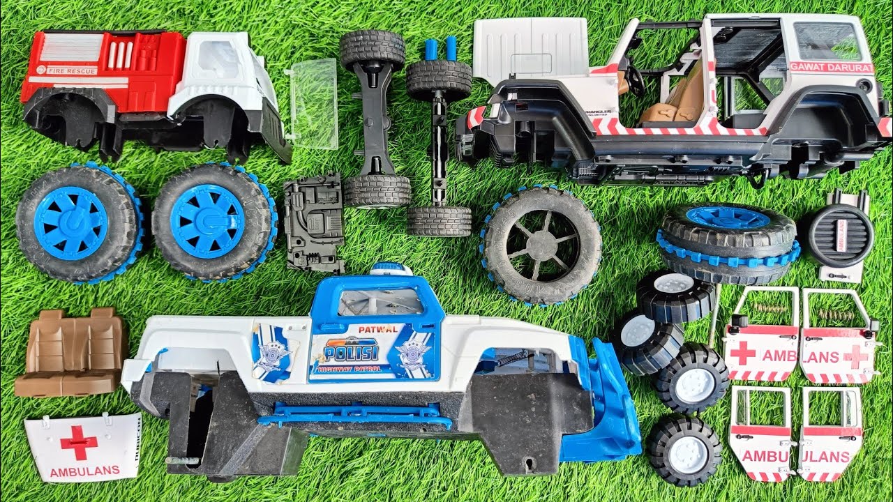 Mencari & Merakit Mainan Mobil Offroad Polisi, Jeep Ambulans, Truk Fire Rescue