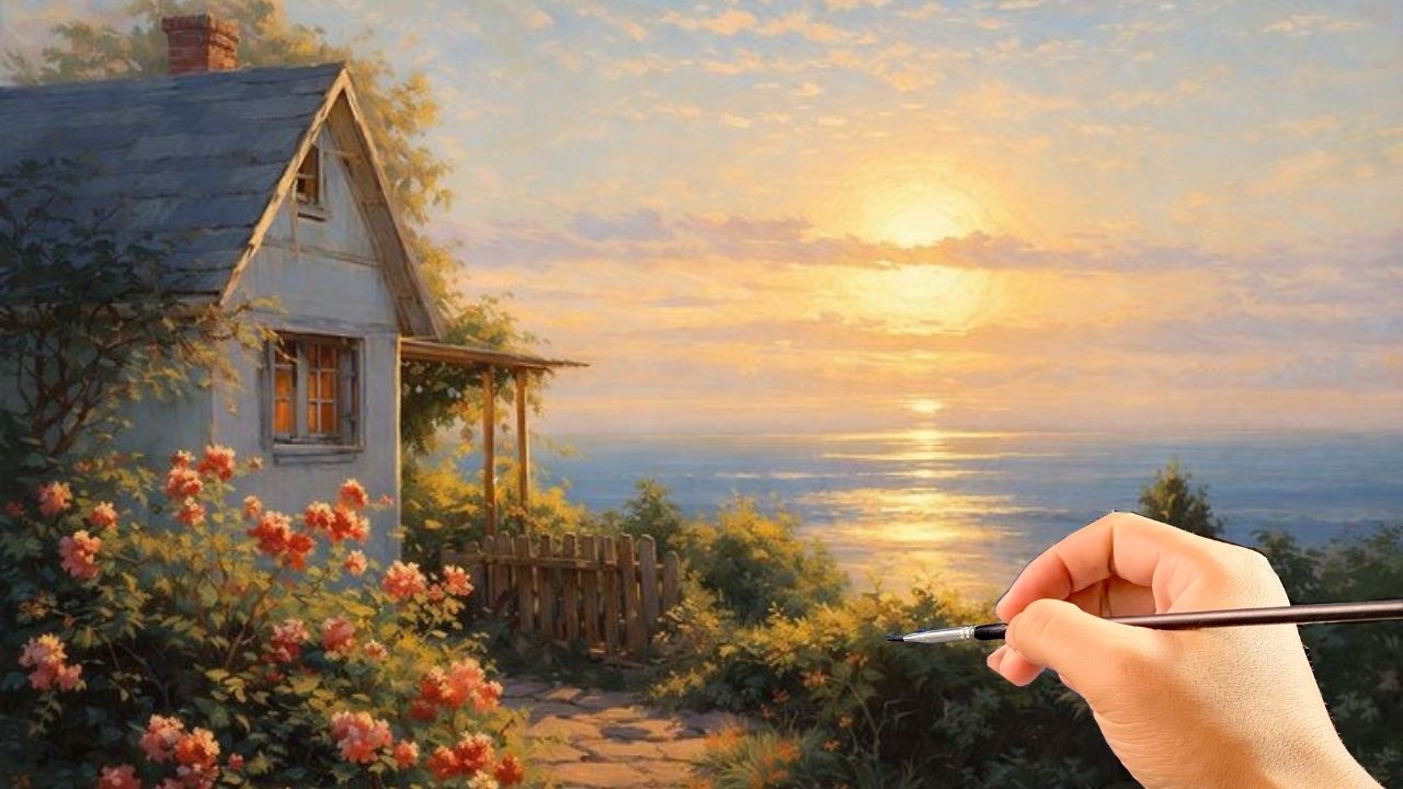 🎨 Painting a Cozy Seaside Cottage at Sunset | Relaxing Acrylic Landscape Tutorial | #057