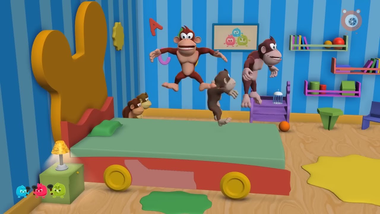 Five Little Monkeys Jumping on the Bed - The Naughty Monkeys | Nursery Rhymes | Bubbly Dots 3D