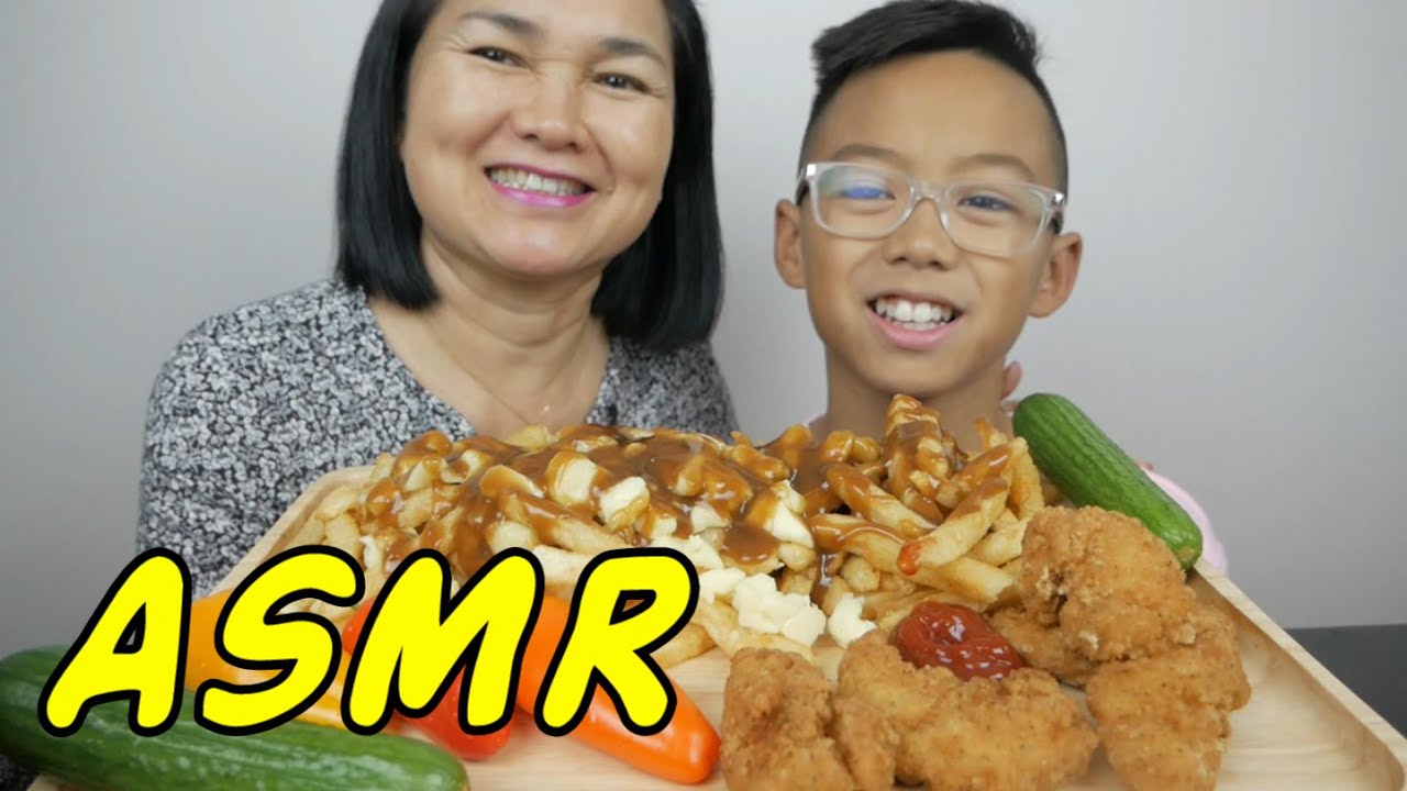 ASMR Poutine & Chicken Strips Mukbang | Eating Sounds | Light Whispers | Nana Eats