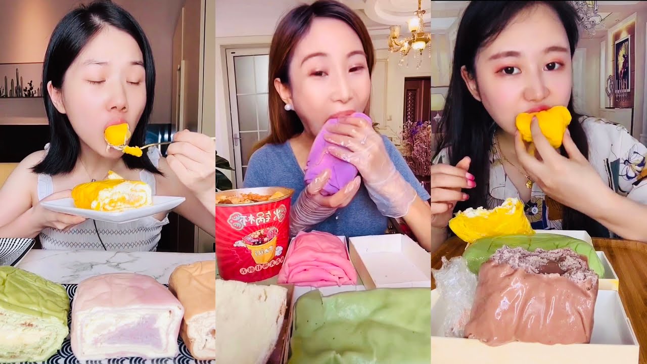 [ASMR Desserts] TOWEL ROLL CREPE CAKES ASMR/ Mukbang |먹방 | 饮食表演 | Eating Sound