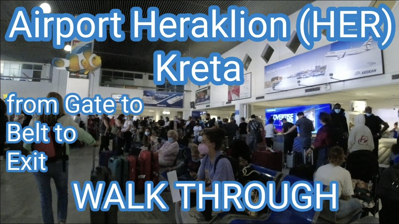 Airport Heraklion (HER), Kreta, Griechenland 08-2021: from Gate to Belt to Exit- Walk Through-Greece